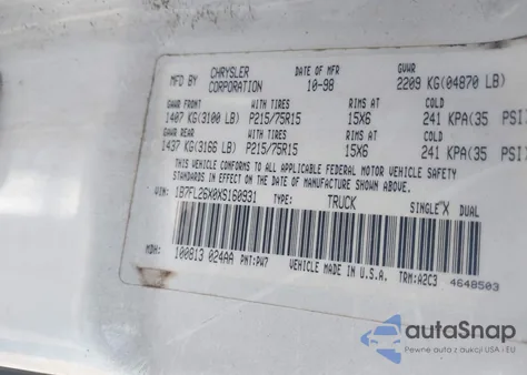 1999 Dodge Dakota Slt/Sport из США, поврежденный, VIN 1B7FL26X0XS160931